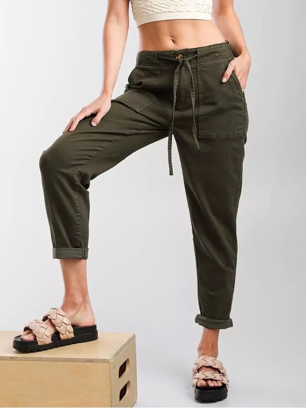 BKE Parker High Rise Utility Pants Olive Green Tie Waist Stretch Size 24 NWT